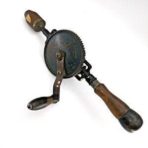 Vintage Brown Egg Beater Hand Drill Hand Powered MADE IN USA Wooden Handles